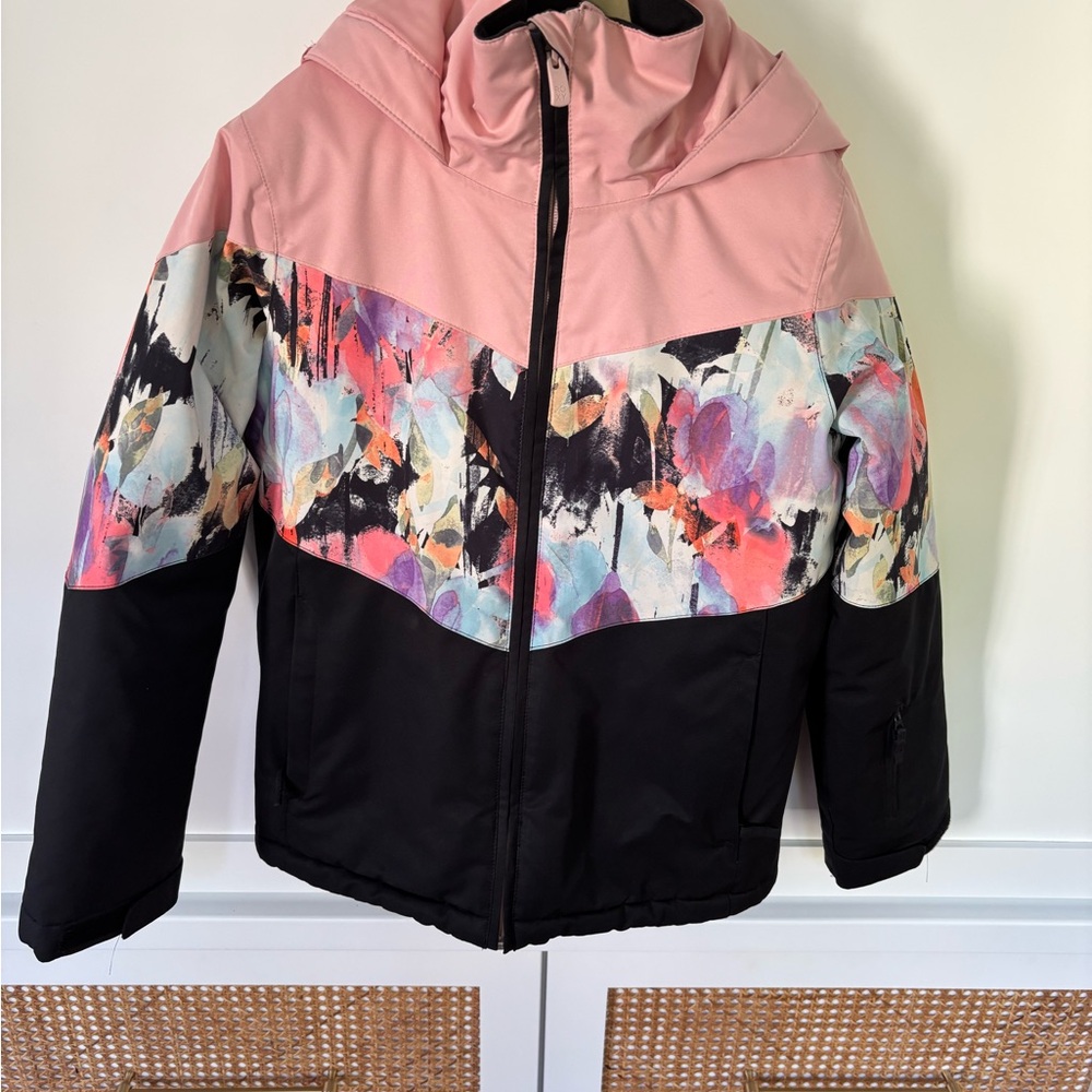 Roxy Kids Pink and Black Floral Puffer Jacket